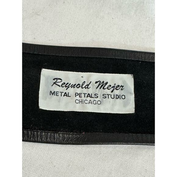 Vtg Black Leather Belt Silver Buckle Tassel Reynold Mejer Metal Petals Studio - Picture 4 of 7